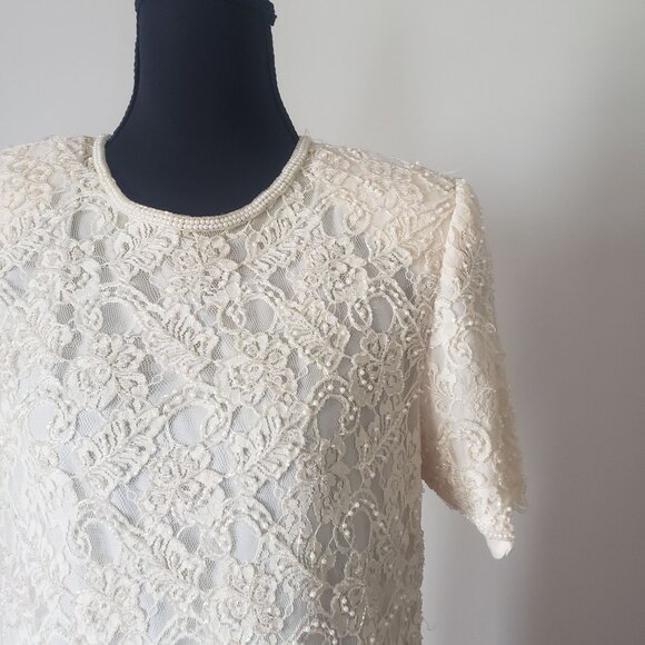 Vintage 80s Beaded Tiered White Cream Shift Dress Size M Wedding Elegant - Picture 4 of 13